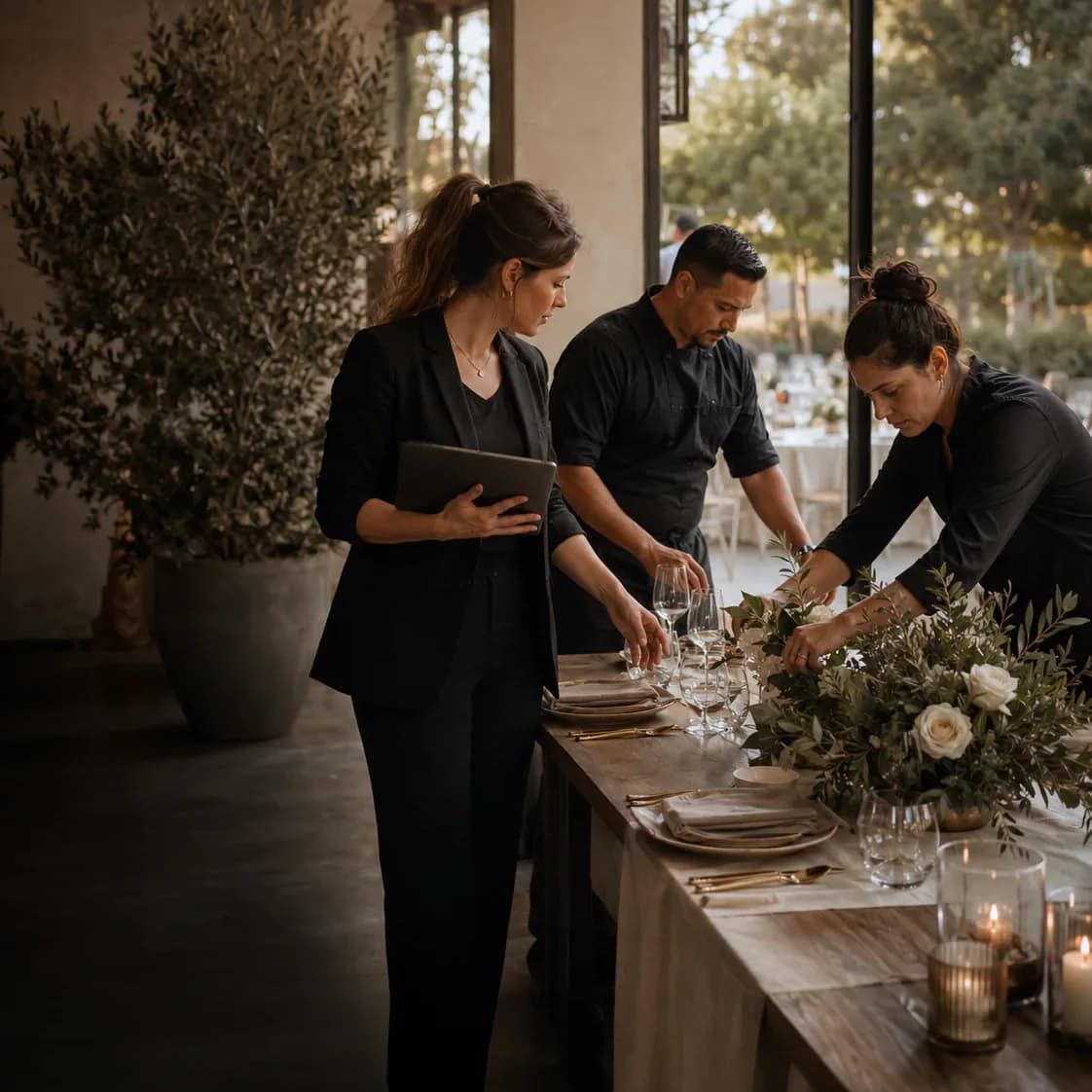 Event professionals coordinating details before a gathering
