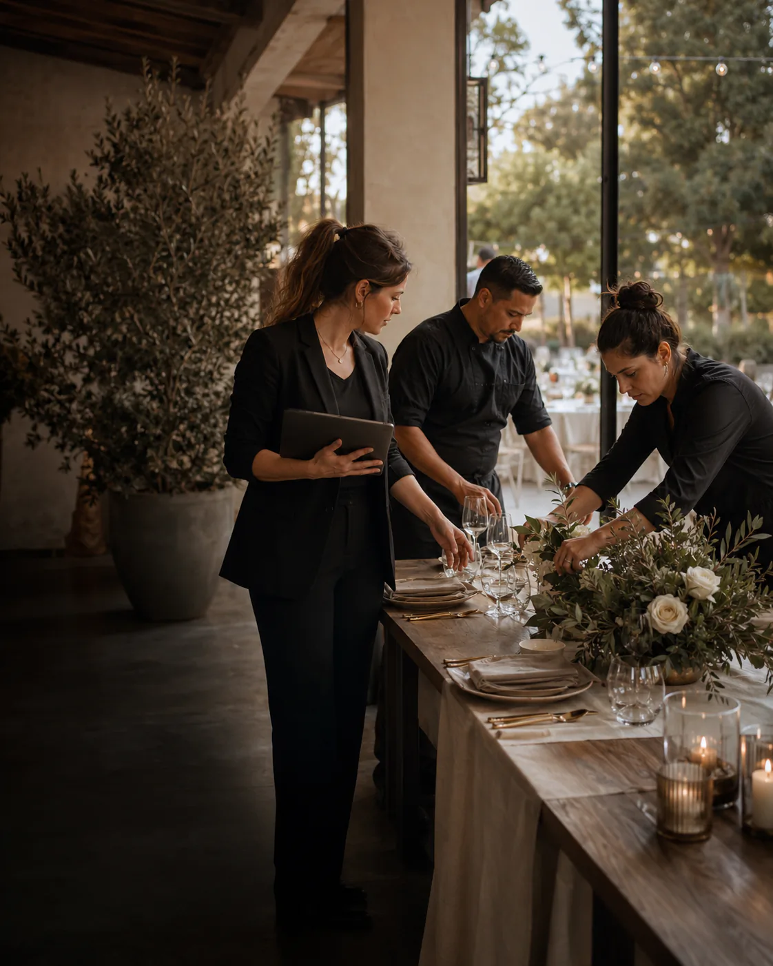 Event professionals coordinating details before a gathering