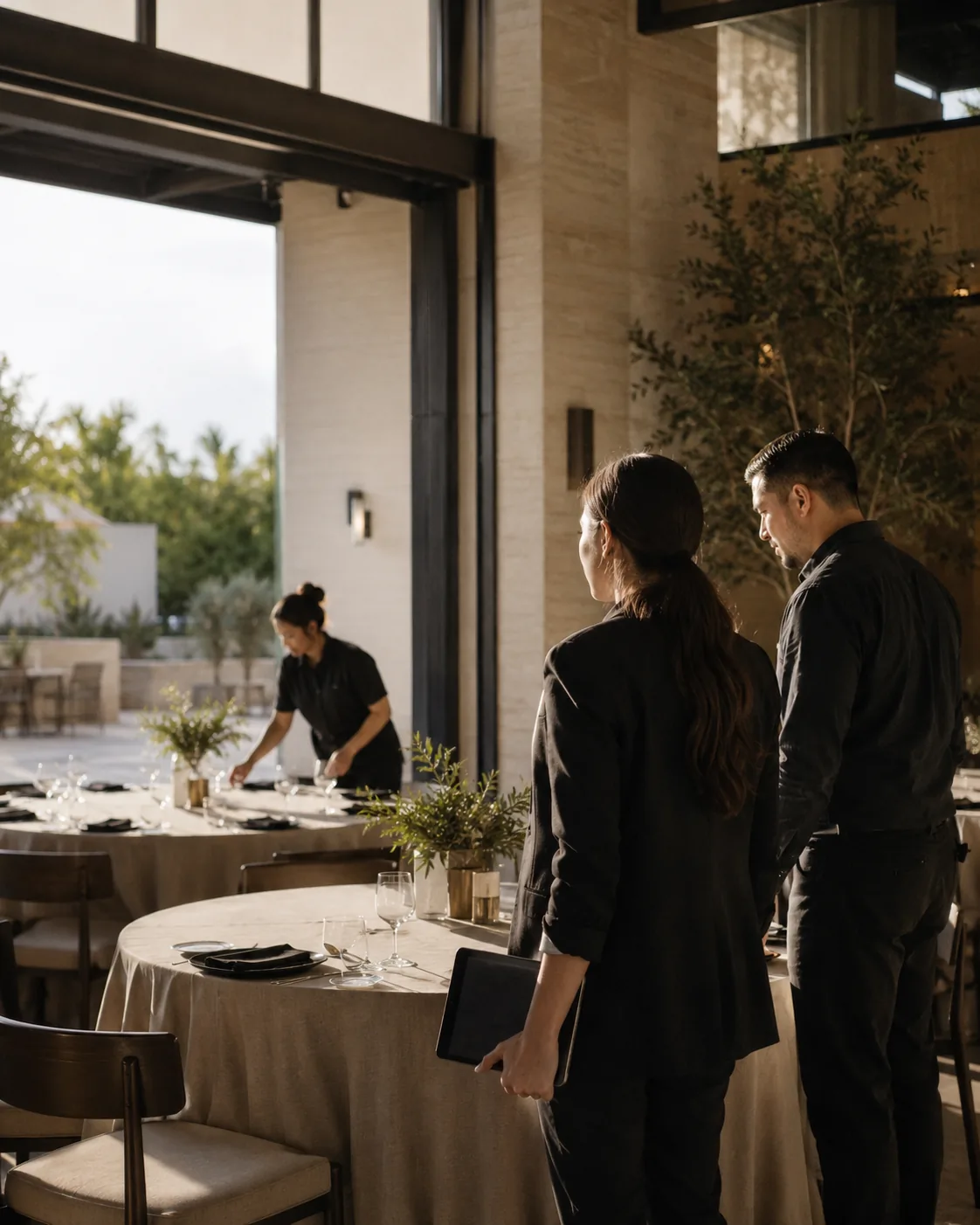 Event professionals preparing a Southern California venue before guests arrive