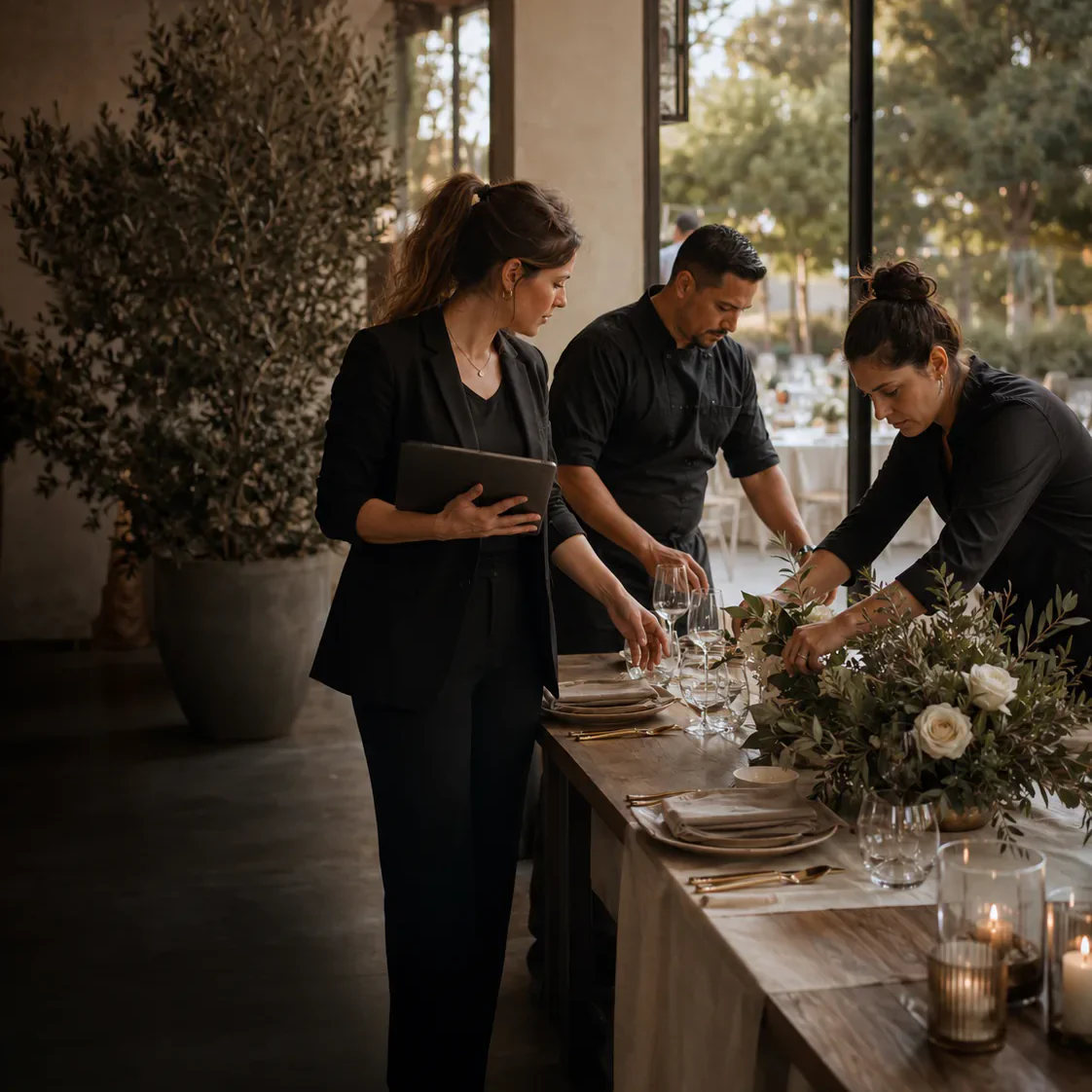 Event professionals coordinating details before a gathering